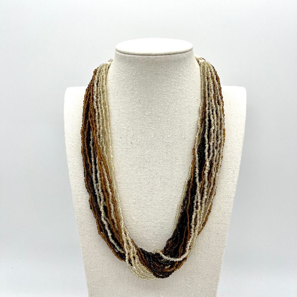 Vintage Woven Back Necklace Multi-Strand‎ Glass Seed Bead Statement Earth Tone
